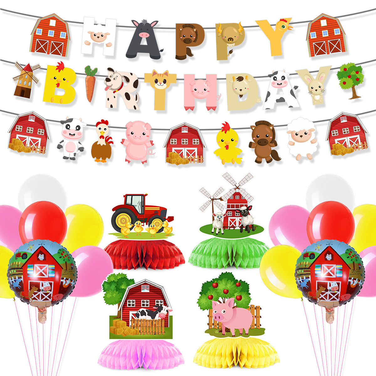 Confetti Balloon Set - Cartoon Farm Animal Theme Birthday Banner