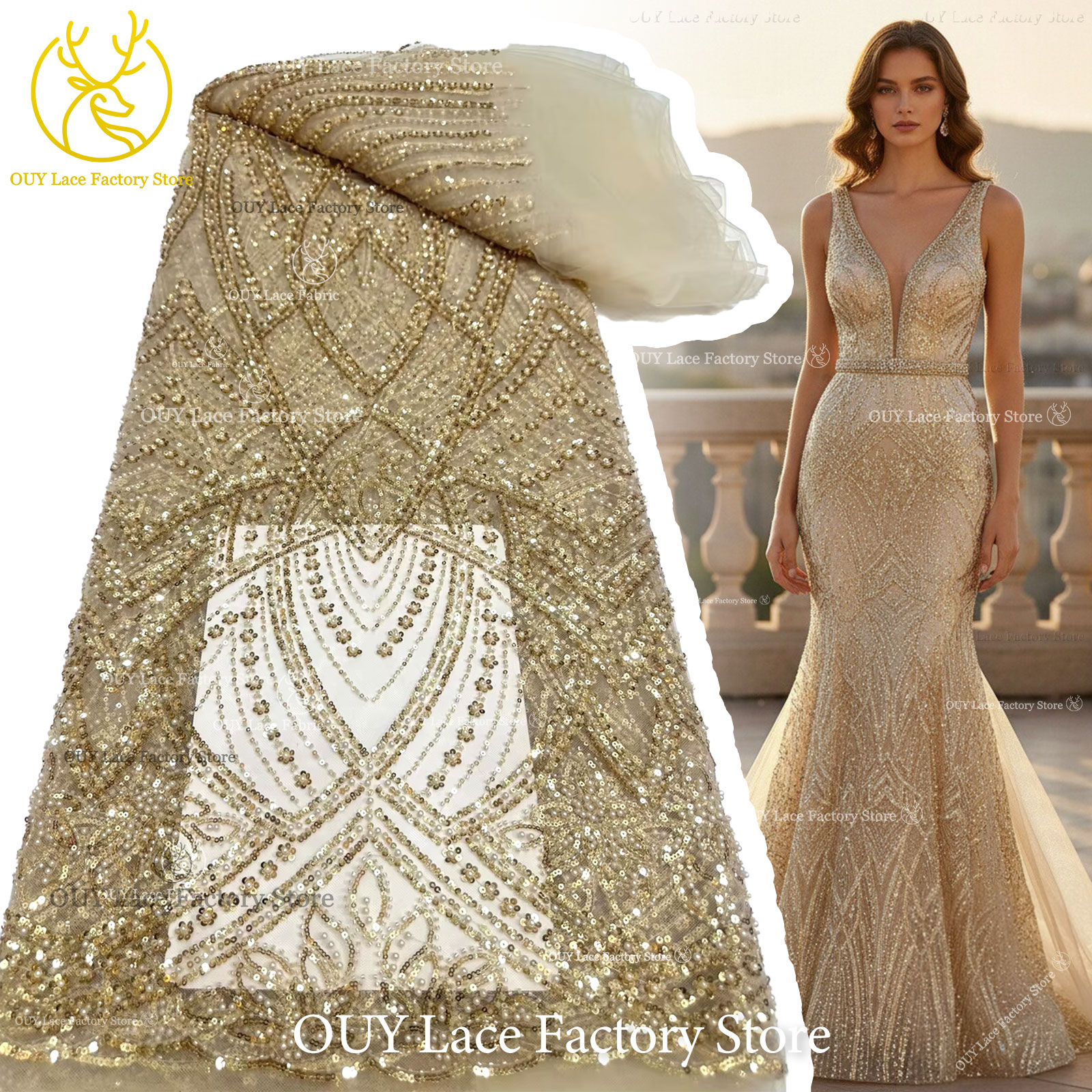 African Gold Beaded Lace Fabri - đánh giá và giá Wedding Dress Supply